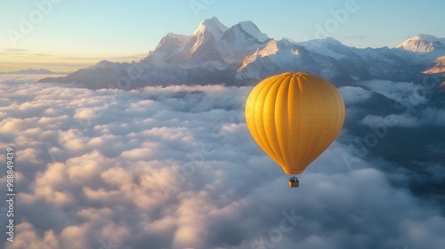 Yellow Hot Air Balloon Floating Above Mountains at Sunrise photo