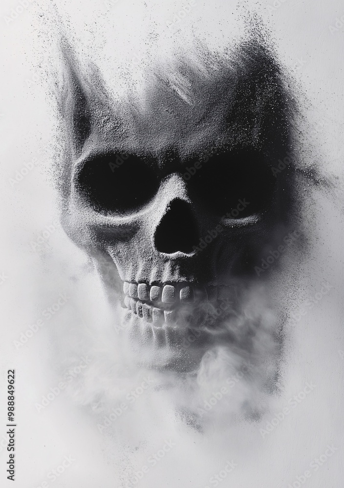 A skull disintegrating into dust and smoke on a white background, symbolizing death and decay A skull disintegrating into dust and smoke on a white background, symbolizing death and decay