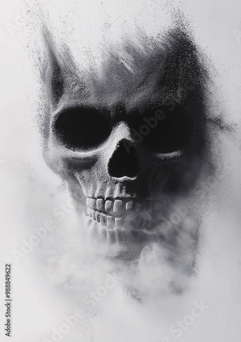 A skull disintegrating into dust and smoke on a white background, symbolizing death and decay photo