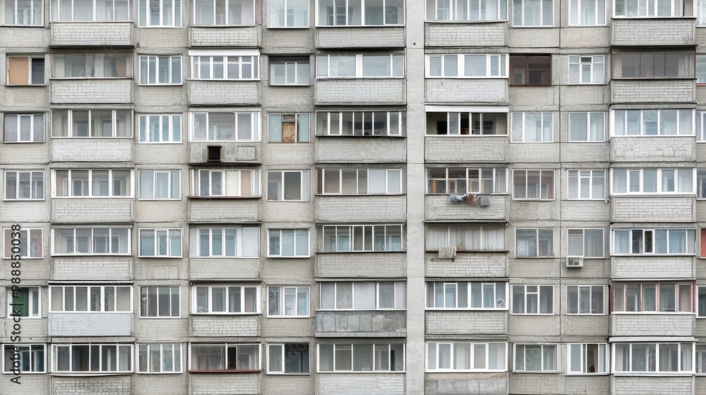 Facade of a Grey Multi-storey Panel building in Russia, Soviet architecture houses Facade of a Grey Multi-storey Panel building in Russia, Soviet architecture houses