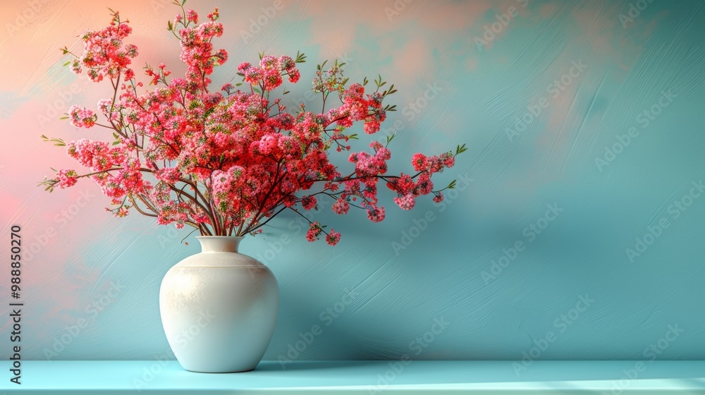 Beautiful Pink Blossoms in a White Vase Against a Soft Pastel Background Beautiful Pink Blossoms in a White Vase Against a Soft Pastel Background