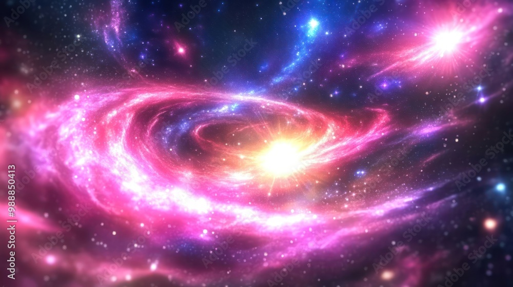 A vibrant cosmic scene depicting swirling galaxies and bright stars in a colorful universe. A vibrant cosmic scene depicting swirling galaxies and bright stars in a colorful universe.