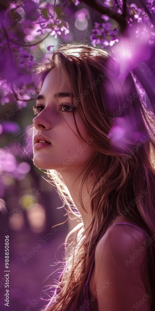 Teen Girl Thinking. Dreamy Purple Portrait of a Teenage Girl under a Summer Tree Teen Girl Thinking. Dreamy Purple Portrait of a Teenage Girl under a Summer Tree