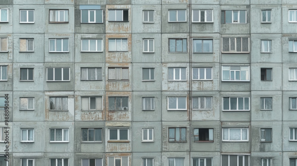 Facade of a Grey Multi-storey Panel building in Russia, Soviet architecture houses Facade of a Grey Multi-storey Panel building in Russia, Soviet architecture houses