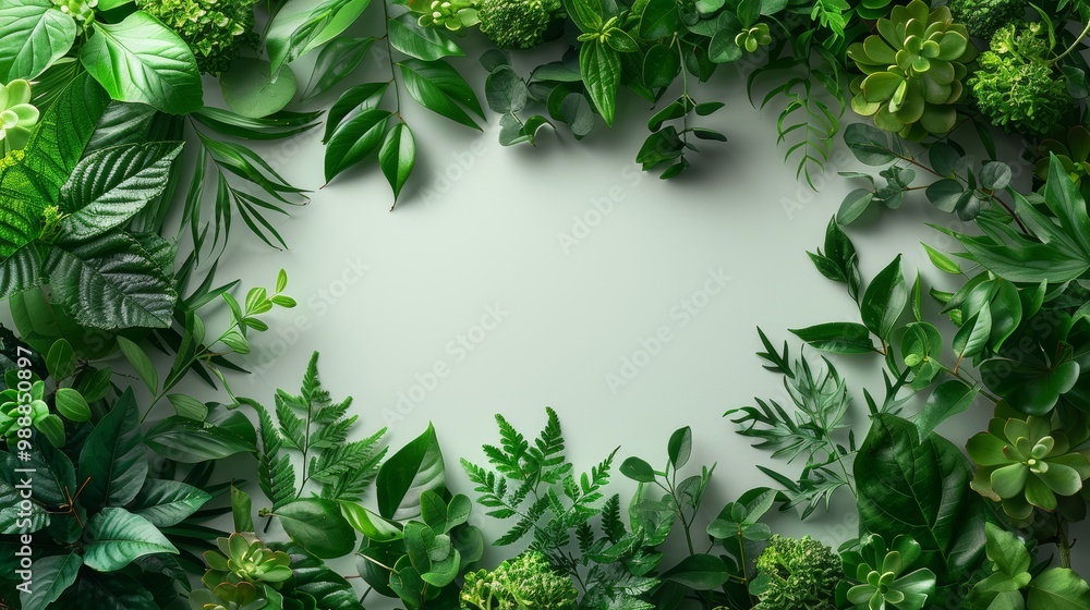 Fototapeta premium Lush Green Foliage Frame with Various Tropical Leaves and Plants on Light Background