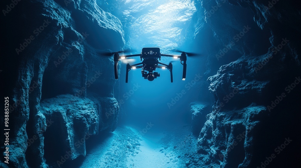 Fototapeta premium A black drone flies through an underwater cave, with sunlight streaming in from above.