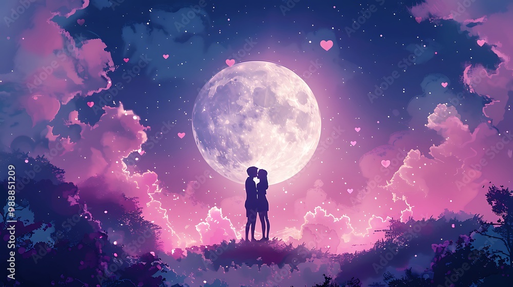 A romantic illustration of two silhouettes embracing under a glowing full moon, surrounded by soft, heart-shaped clouds in a pastel sky. 8k UHD, suitable for high-quality printing or digital A romantic illustration of two silhouettes embracing under a glowing full moon, surrounded by soft, heart-shaped clouds in a pastel sky. 8k UHD, suitable for high-quality printing or digital
