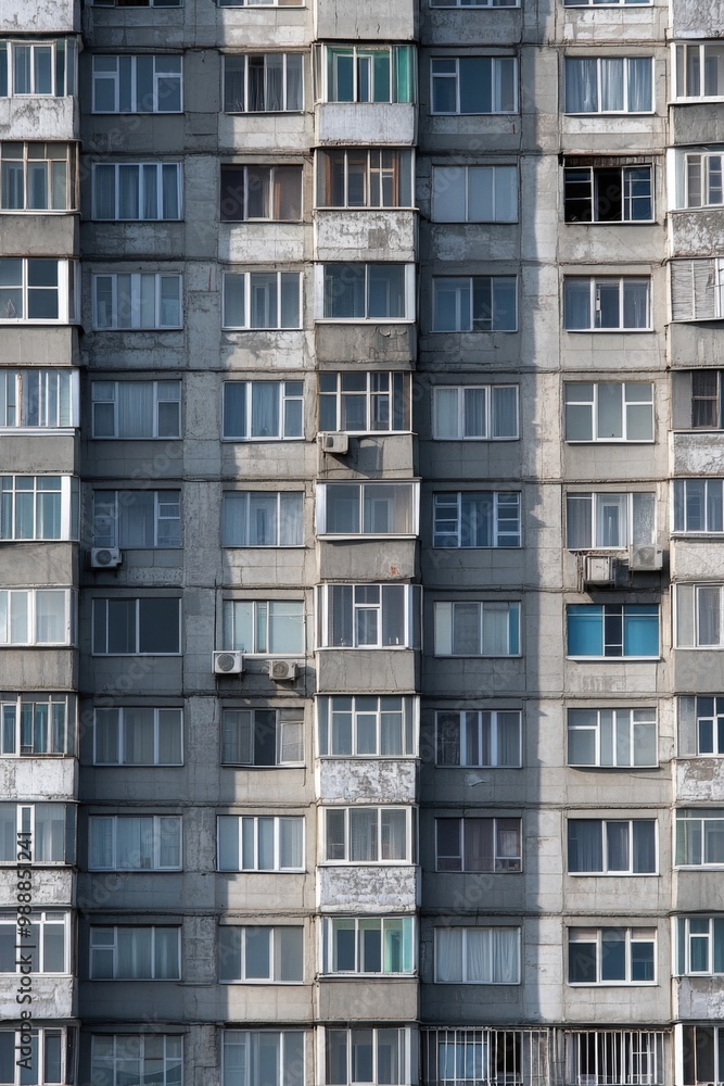 Facade of a Grey Multi-storey Panel building in Russia, Soviet architecture houses Facade of a Grey Multi-storey Panel building in Russia, Soviet architecture houses