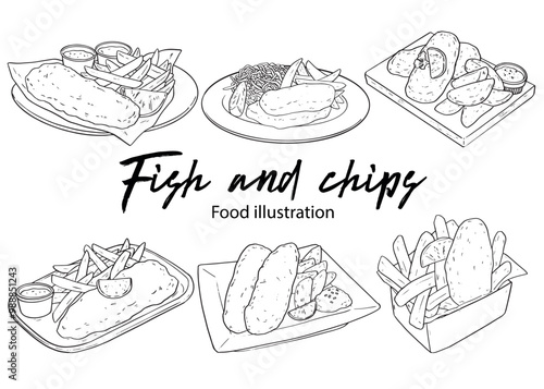 Collection of outline drawing crispy fish and chips food vector illustration