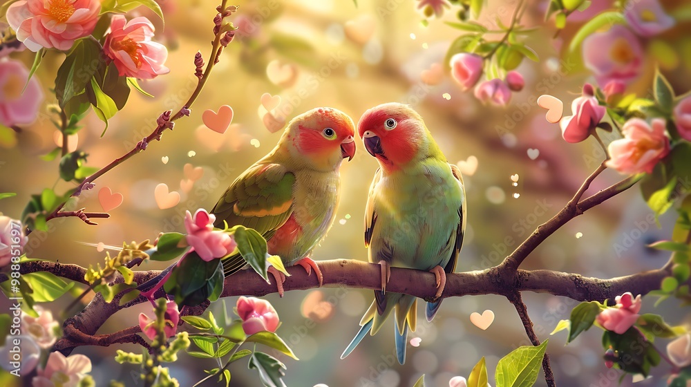 A vibrant illustration of lovebirds perched on a branch, surrounded by blooming flowers and hearts, with a soft, romantic sunset in the background. 8k UHD, suitable for high-quality printing A vibrant illustration of lovebirds perched on a branch, surrounded by blooming flowers and hearts, with a soft, romantic sunset in the background. 8k UHD, suitable for high-quality printing