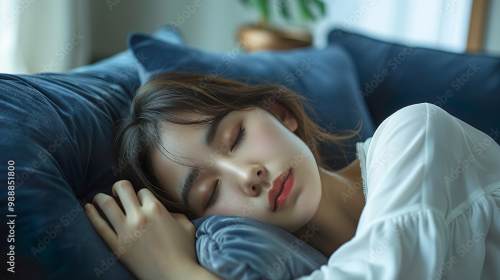 青色のソファで昼寝をする若いアジア人女性の寝顔 青色のソファで昼寝をする若いアジア人女性の寝顔