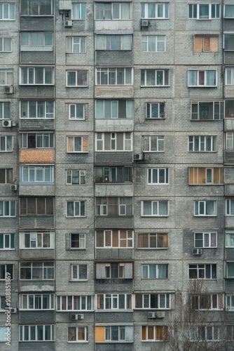 Facade of a Grey Multi-storey Panel building in Russia, Soviet architecture houses