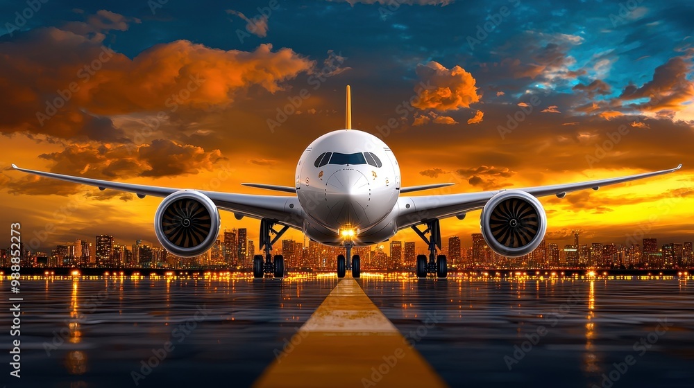A stunning airplane facing the sunset, symbolizing travel and adventure against a vibrant city skyline. A stunning airplane facing the sunset, symbolizing travel and adventure against a vibrant city skyline.