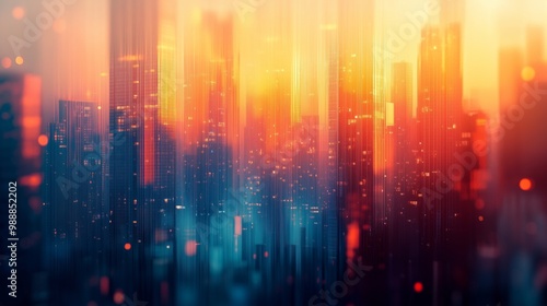 A blurred background of city skyscrapers at sunrise, with an abstract gradient of orange and blue colors