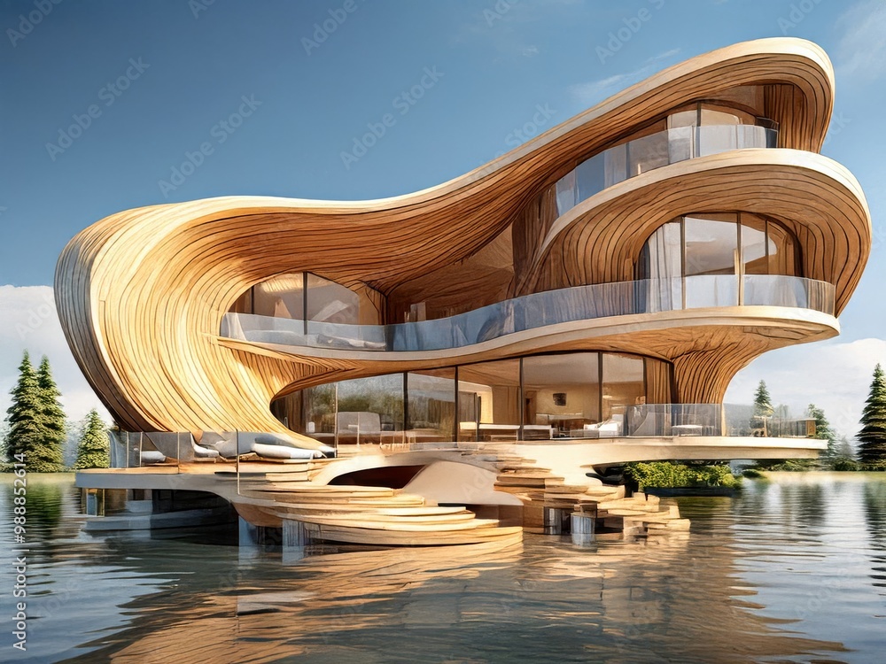 Fototapeta premium Ultra modern curved wooden residence 