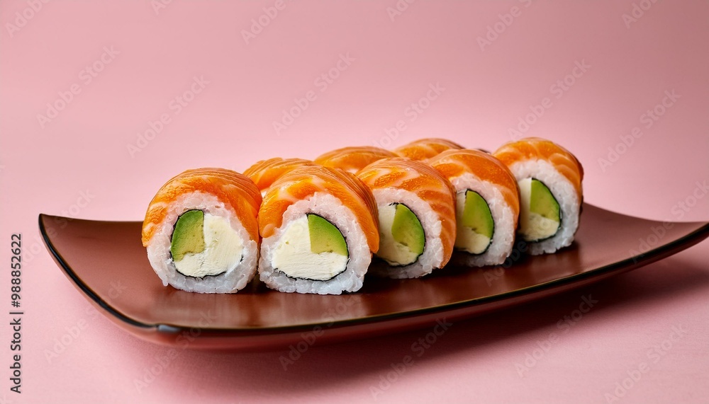 Salmon and avocado sushi rolls on pink background Salmon and avocado sushi rolls on pink background