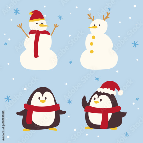 Hand-Drawn Christmas Holiday, New year illustration.Penguin, snowman character.