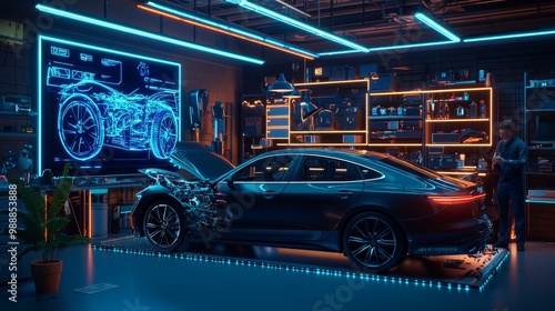 A modern workshop featuring a sleek car with an illuminated design, surrounded by digital displays and tools, epitomizing advanced automotive technology.