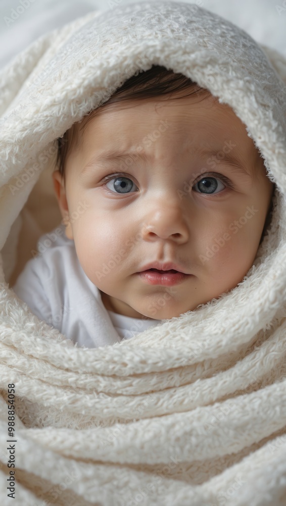 A baby is wrapped in a white blanket and has blue eyes A baby is wrapped in a white blanket and has blue eyes