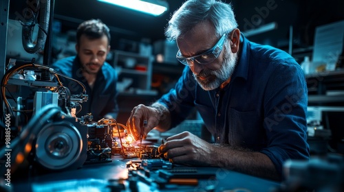 Two technicians work diligently in a workshop, repairing electronics with tools and glowing components, showcasing a collaborative atmosphere.