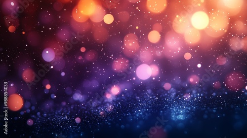 Blurred background with colorful bokeh lights and sparkling sparkles on a blue purple gradient background