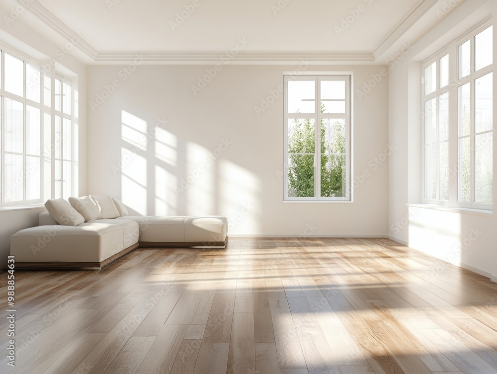A large open living room with a white couch and a white chair. The room is very bright and has a lot of natural light A large open living room with a white couch and a white chair. The room is very bright and has a lot of natural light