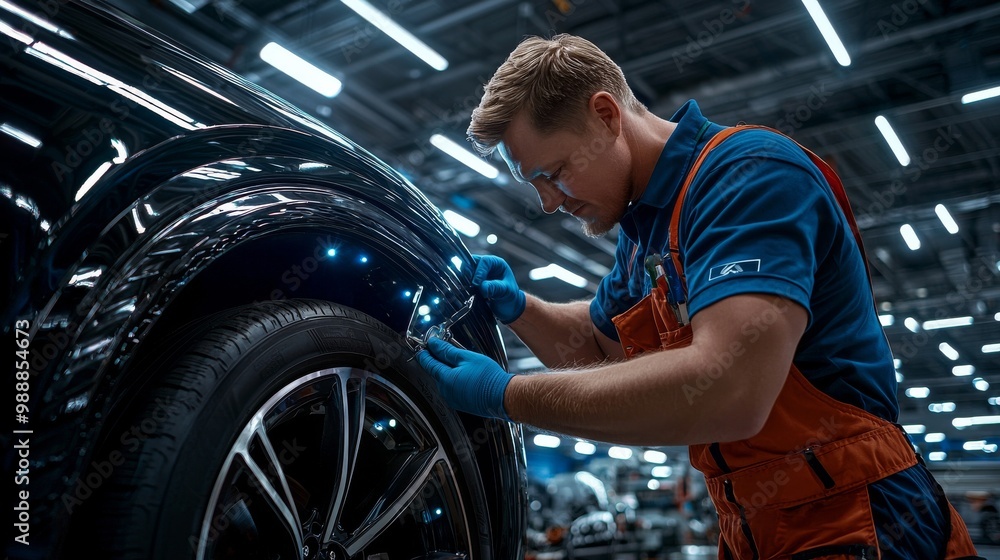 A mechanic in an orange jumpsuit inspects a vehicle's tire in a well-lit workshop, showcasing attention to detail and craftsmanship. A mechanic in an orange jumpsuit inspects a vehicle's tire in a well-lit workshop, showcasing attention to detail and craftsmanship.