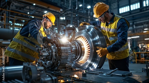 Workers assembling a jet engine in a factory, showcasing teamwork and engineering expertise in a highly industrial environment.