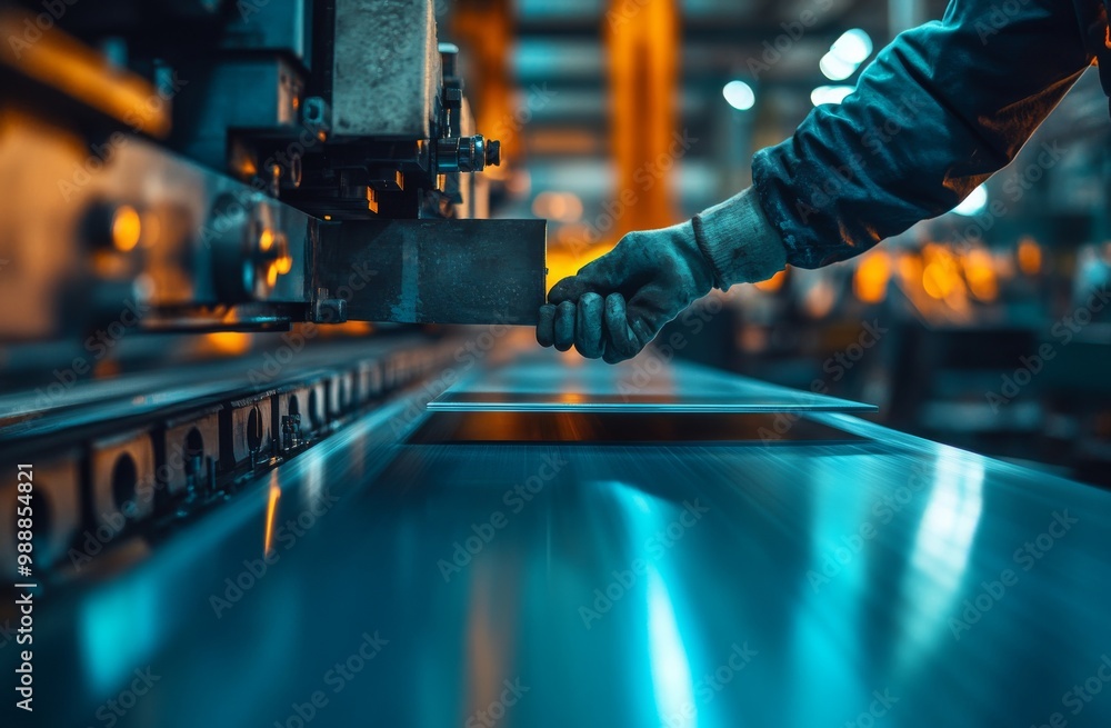 Blue metal sheet production line in a factory, a worker holding a steel plate on a machine at a workstation. Metal profile maker industry concept. Generative AI Blue metal sheet production line in a factory, a worker holding a steel plate on a machine at a workstation. Metal profile maker industry concept. Generative AI