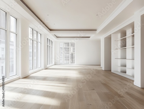 Wallpaper Mural A large empty room with a white wall and wooden floors. There are no people or furniture in the room Torontodigital.ca