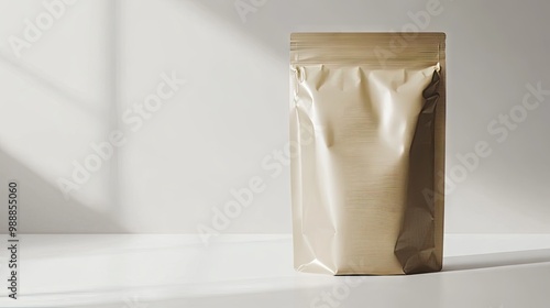 A blank beige foil food pouch, placed on a white surface, offering a simple and organic packaging design template.