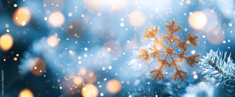 Fototapeta premium A snowy landscape with sparkling snowflakes and glowing lights during a tranquil winter evening
