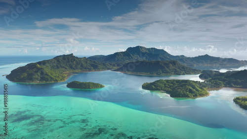 Aerial view tropical landscape green islands archipelago coral barrier reef turquoise water lagoon. Breathtaking beauty of French Polynesia. Stunning travel paradise, perfect exotic summer vacation