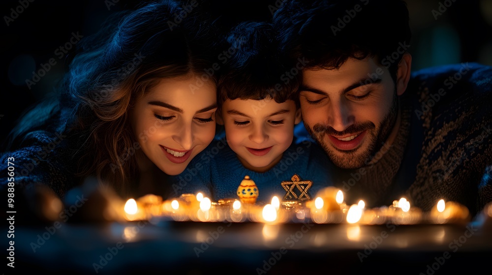 Family gathered around a table playing dreidel during Hanukkah