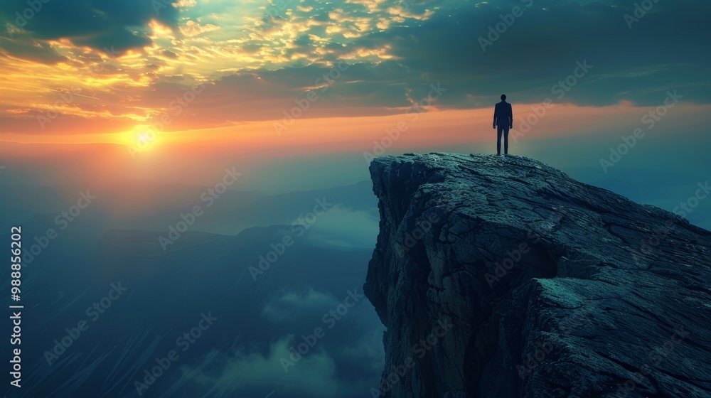 Businessman Standing on Cliff Edge at Sunrise Symbolizing Risk Management and Strategic Decision Making Businessman Standing on Cliff Edge at Sunrise Symbolizing Risk Management and Strategic Decision Making