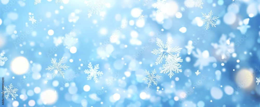Soft snowflakes gently drift against a dreamy blue background filled with sparkling lights during a winter evening celebration Soft snowflakes gently drift against a dreamy blue background filled with sparkling lights during a winter evening celebration