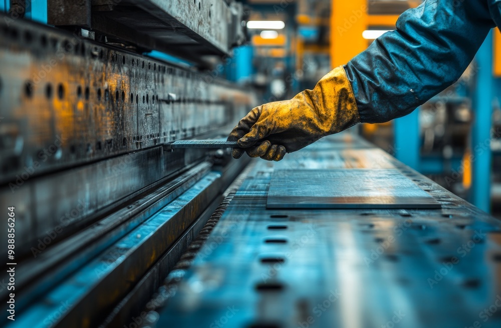 Blue metal sheet production line in a factory, a worker holding a steel plate on a machine at a workstation. Metal profile maker industry concept. Generative AI Blue metal sheet production line in a factory, a worker holding a steel plate on a machine at a workstation. Metal profile maker industry concept. Generative AI