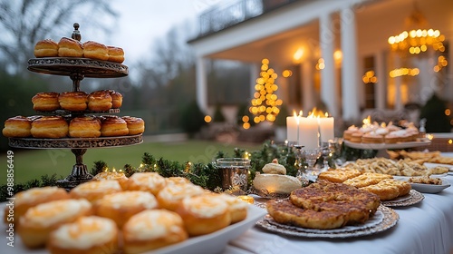 Traditional Hanukkah foods like latkes and donuts on a beautifully set table photo