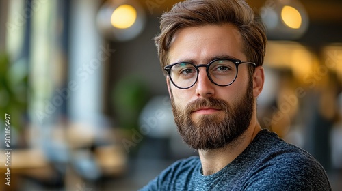 bearded man in glasses in a modern office, contemplating ideas and strategy, professional portrait of a thoughtful entrepreneur focused on creative business planning