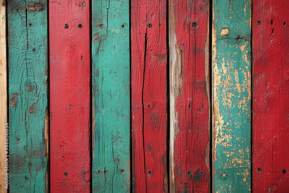 Weathered Wooden Planks with Red and Green Paint Weathered Wooden Planks with Red and Green Paint