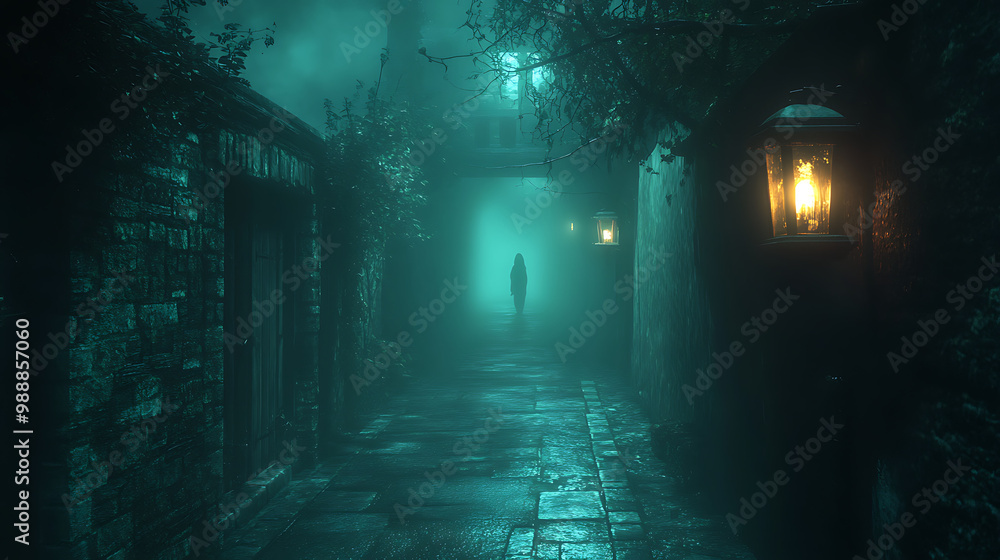 A dark alleyway with a person walking down it A dark alleyway with a person walking down it