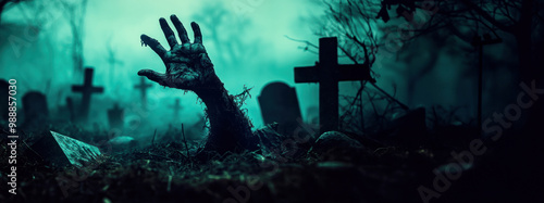 Halloween background, zombie hand reaching out from the ground on dark scene background, Dramatic smoke or fog effect for graveyard night view spooky, halloween party decoration horror concept