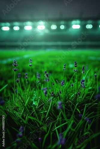 Deep green grass with delicate lavender flowers, illuminated by stadium lighting