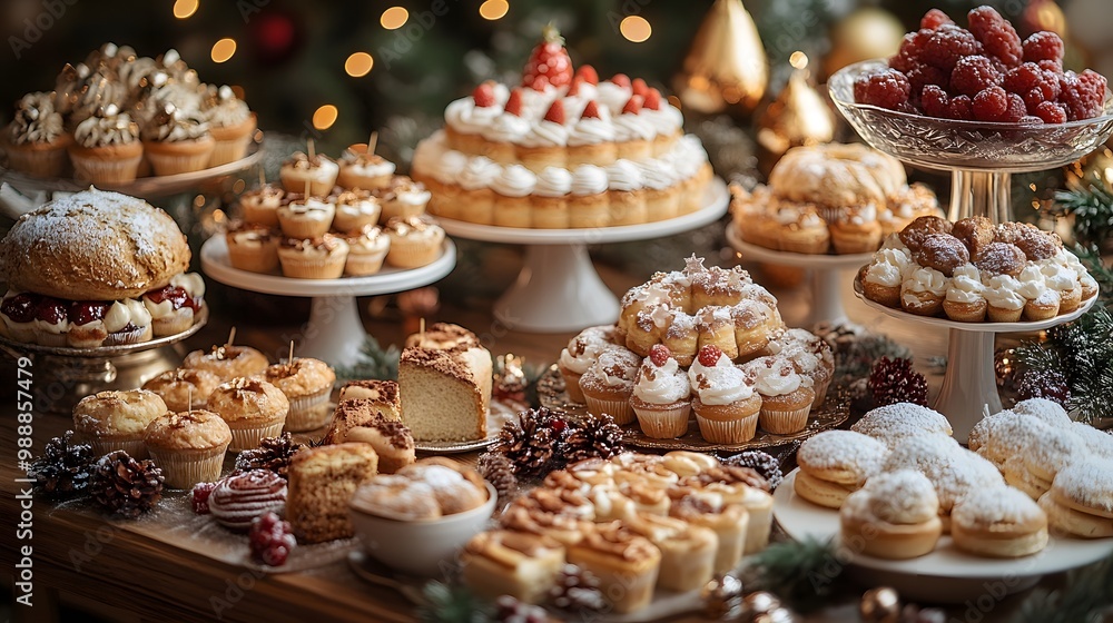 A festive dessert table with New Year's themed treats and decorations A festive dessert table with New Year's themed treats and decorations