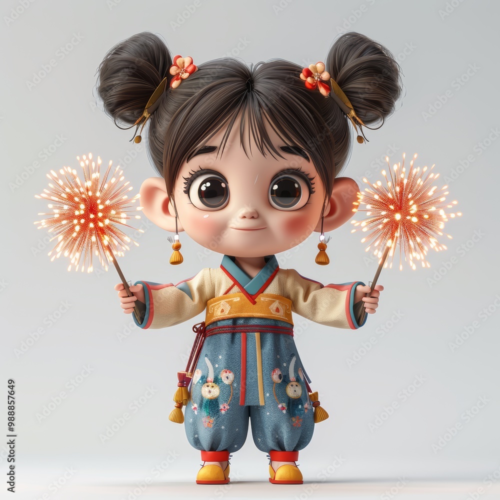 Adorable Child in Traditional Asian Attire Holding Sparklers with Joyful Expression Adorable Child in Traditional Asian Attire Holding Sparklers with Joyful Expression