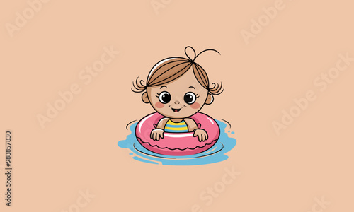 Smiling girl in swim ring floating in water