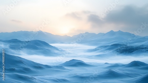 A scenic view of rolling hills covered in snow under a pale winter sky