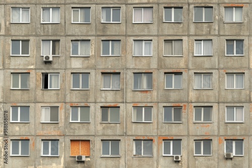 Facade of a Grey Multi-storey Panel building in Russia, Soviet architecture houses