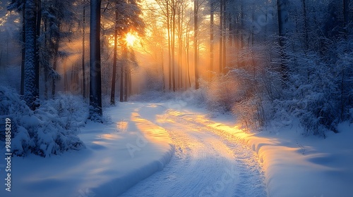 A snowy path leading through a winter wonderland forest