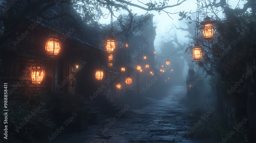 Fototapeta premium A dark, foggy street with lanterns hanging from the trees